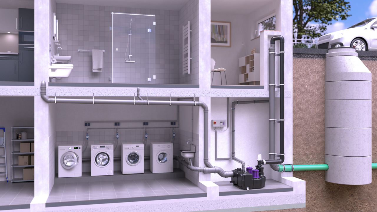 Exemplu de instalare a unui sistem de ridicare <em>Aqualift L</em> într-un bloc de locuințe Exemplu de instalare a unui sistem de ridicare <em>Aqualift L</em> într-un bloc de locuințe