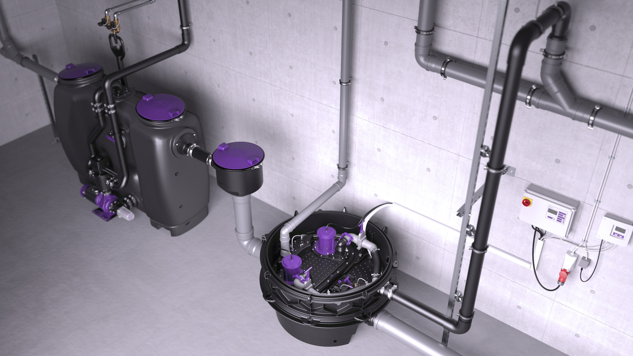 Exemplu de instalare a modelului Ecolift XL amplasat liber în spatele separatorului de grăsimi Exemplu de instalare a modelului Ecolift XL amplasat liber în spatele separatorului de grăsimi