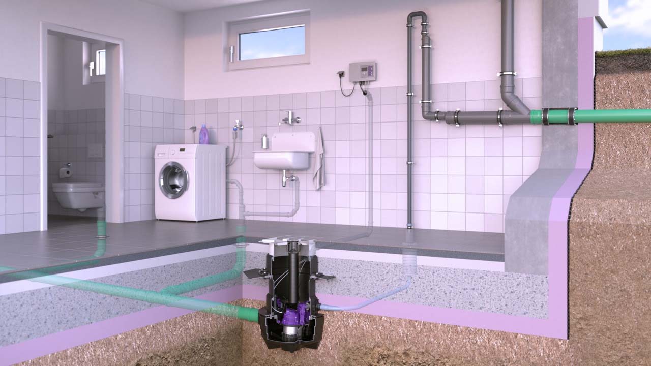 Ilustrație de instalare a Aqualift F Compact pentru instalare în planșeu.
