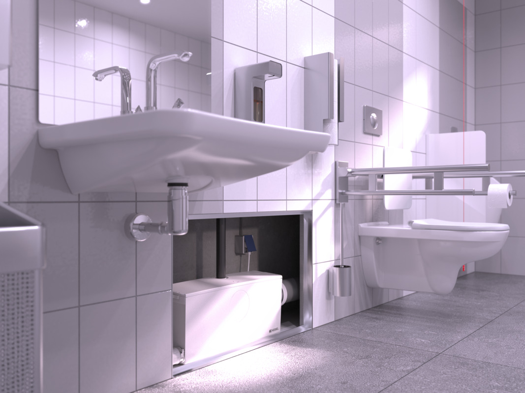 Einbaudarstellung Kleinhebeanlage Minilift L WC zweite Perspektive Nahaufnahme einer in der Vorwand verbauten Kleinhebeanlage mit angeschlossener Toilette und Waschbecken.