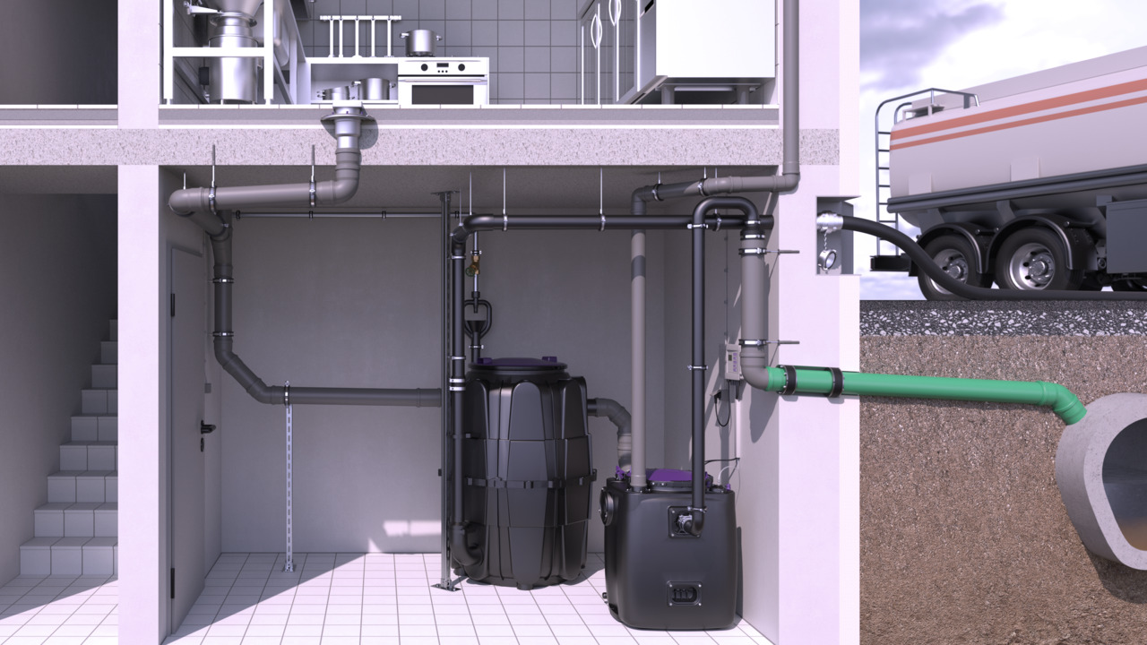 Exemplu de instalare a separatorului de grăsimi EasyClean Modular Direct cu sistemul de ridicare Aqualift 200 în subsol