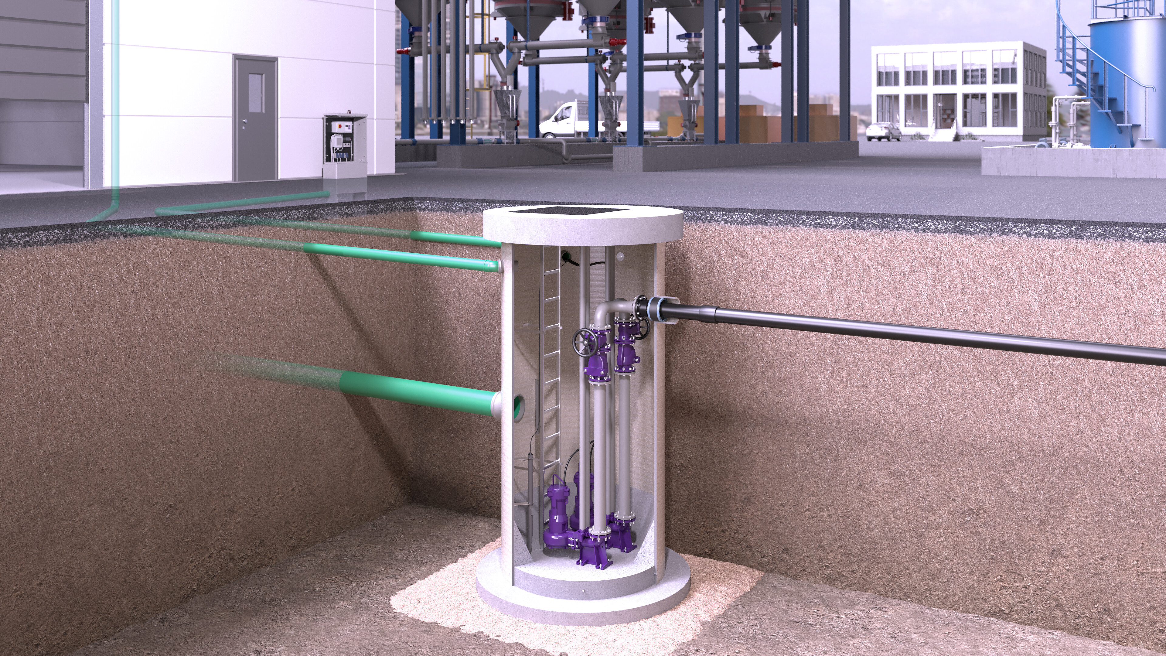 Propunere de instalare: rezervor colector din fibră de sticlă armată (GFK) îngropat, cu pompe Propunere de instalare: rezervor colector din fibră de sticlă armată (GFK) îngropat, cu pompe