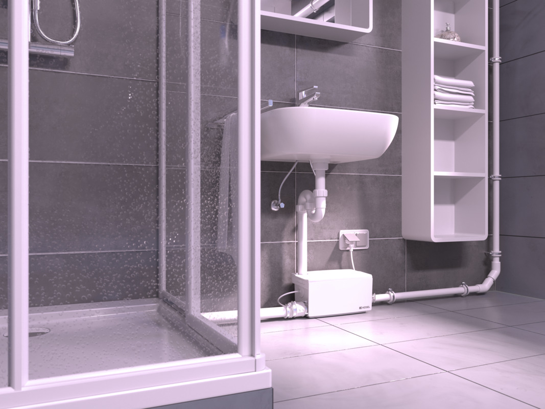 Instalația de mici dimensiuni Minilift S montată ulterior într-o baie situată la subsol.