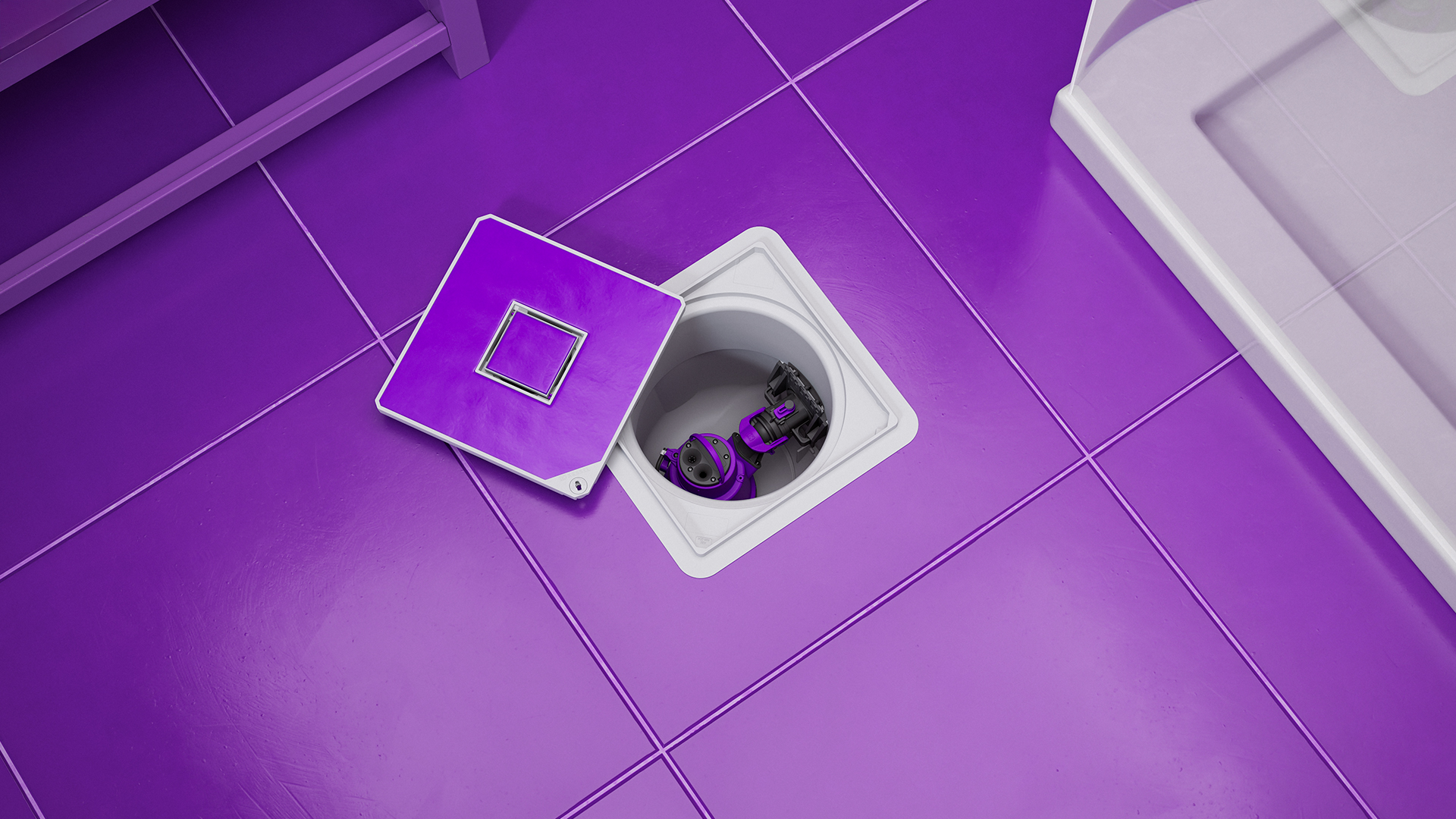 Montare în placa de fundație Vedere asupra unei stații de ridicare de mici dimensiuni, integrată perfect în placa de fundație, cu capacul deschis.