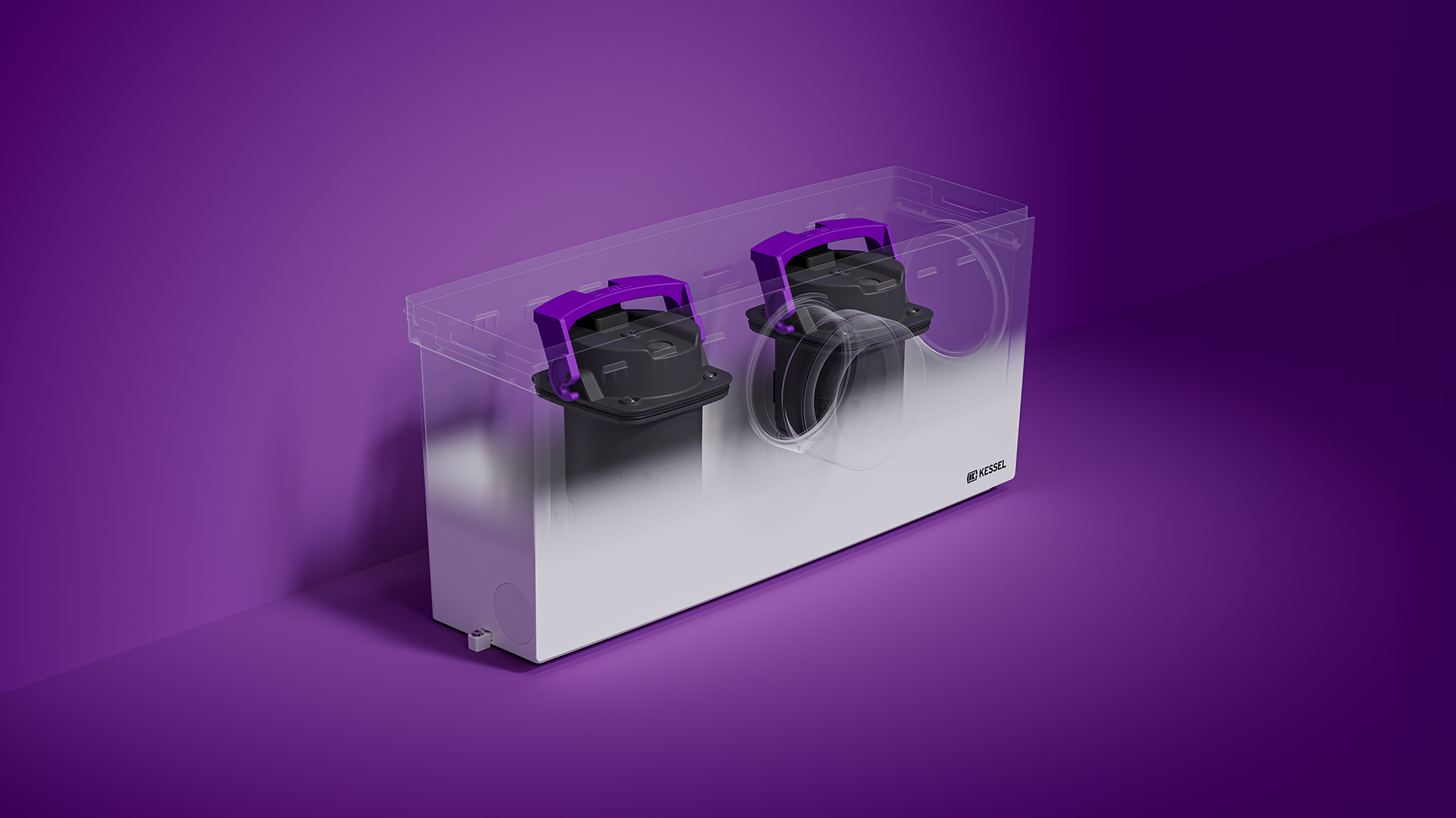 Sistem de pompare de mici dimensiuni cu rezervor transparent și vedere către cele două pompe interioare.