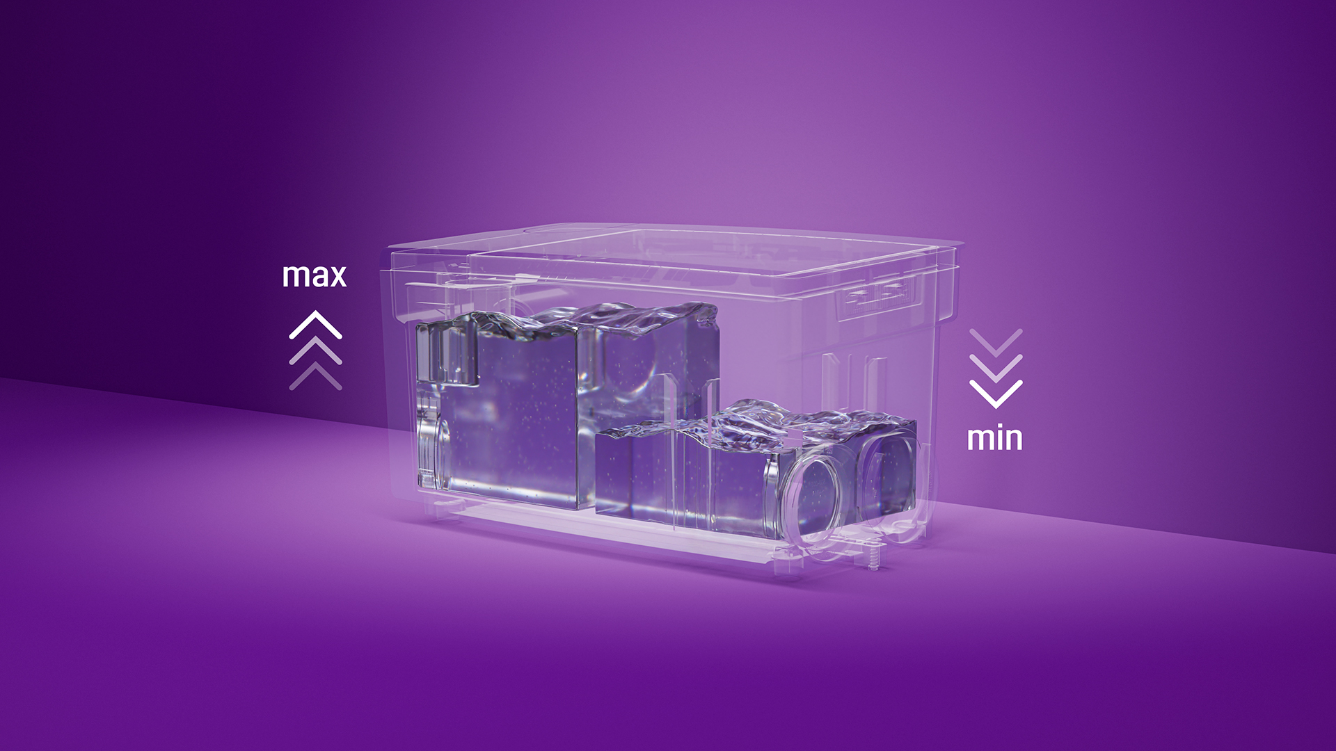 Reprezentare a unui container Minilift în care nivelul de umplere este ridicat pe o parte și scăzut pe cealaltă.