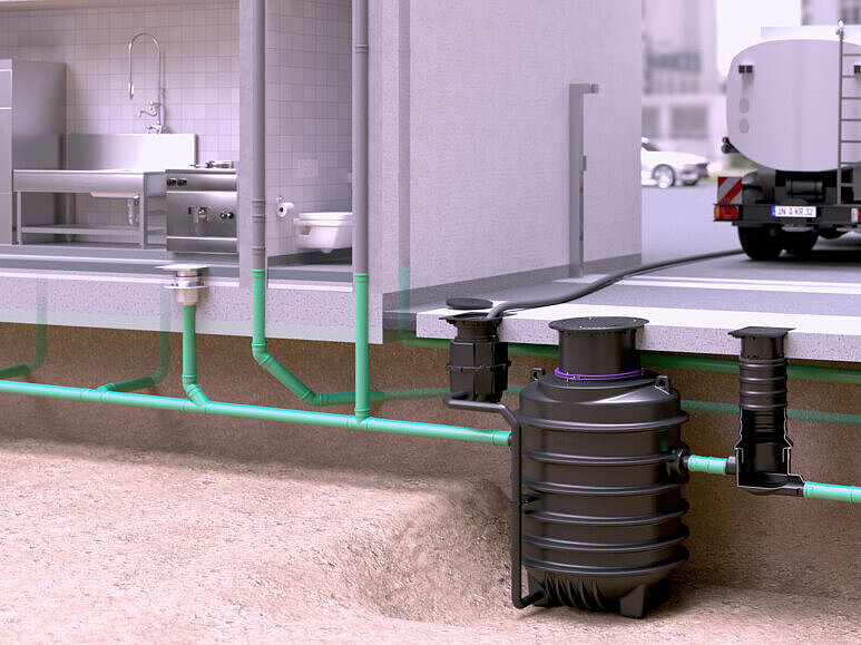 Exemplu de instalare a separatorului de grăsimi EasyClean ground în cadrul procesului de eliminare a deșeurilor Exemplu de instalare a separatorului de grăsimi EasyClean ground în cadrul procesului de eliminare a deșeurilor