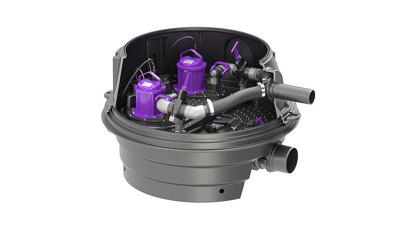 Instalația hibrid de pompare Ecolift XL, pentru amplasare la nivelul cel mai scăzut, montaj uscat