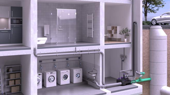 Exemplu de instalare <em>Ecolift L</em> într-un bloc de locuințe Einbaubeispiel <em>Ecolift L</em> in Mehrfamilienhaus