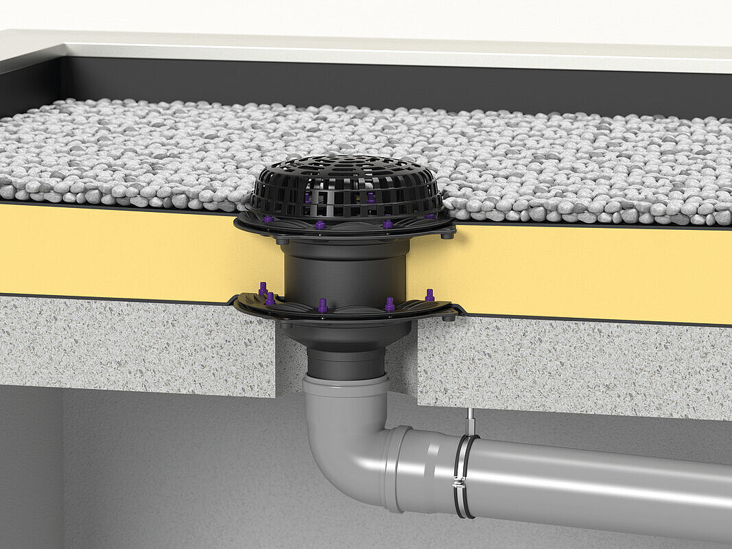 Schemă de montaj sifon pentru terase Ecoguss cu garnitură de etanșare dublă pentru montaj în beton impermeabil