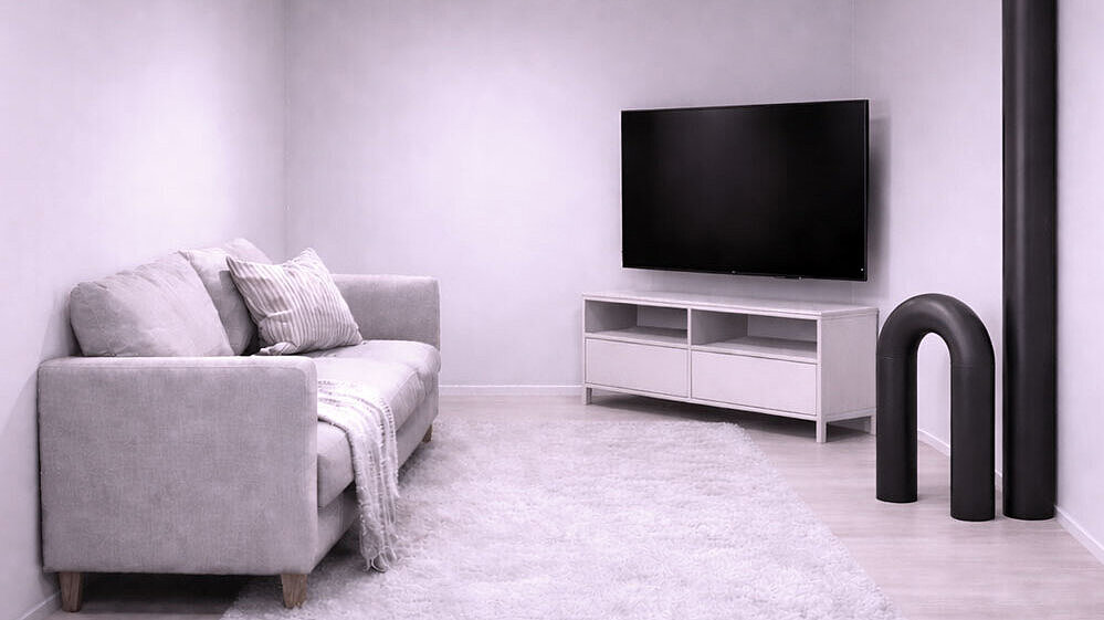 Reprezentare schematică a unui living în care mai multe țevi ies din podea și reduc suprafața utilă.