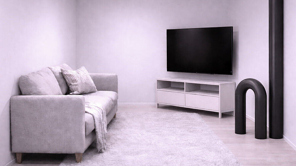 Reprezentare schematică a unui living în care mai multe țevi ies din podea și reduc suprafața utilă.