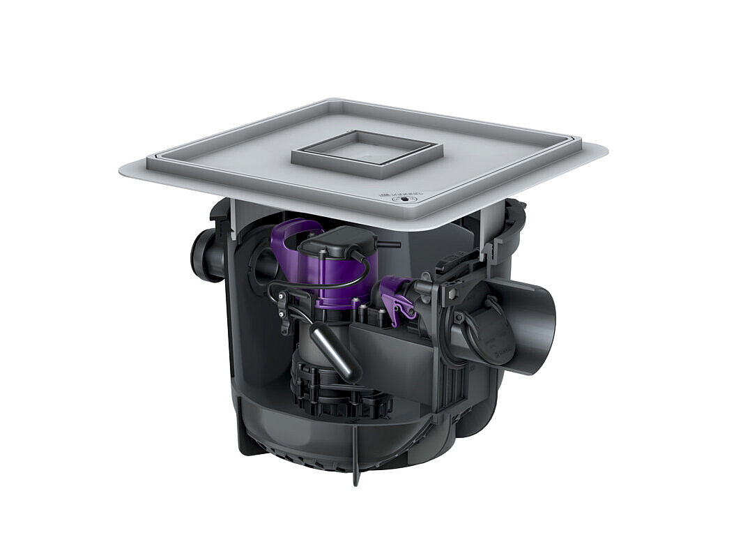 Sifon de subsol Pumpfix S Underfloor pentru montaj în pardoseală, cu capac peste care se poate monta gresie