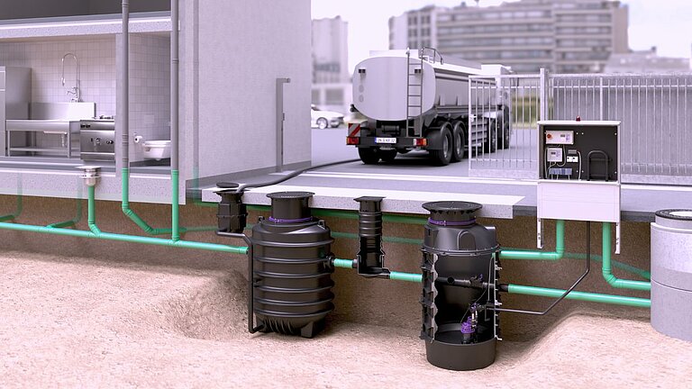 Propunere de instalare a separatorului de grăsimi EasyClean ground Oval Direct, urmată de stația de pompare Aquapump XL Duo în puțul tehnic Propunere de instalare a separatorului de grăsimi EasyClean ground Oval Direct, urmată de stația de pompare Aquapump XL Duo în puțul tehnic