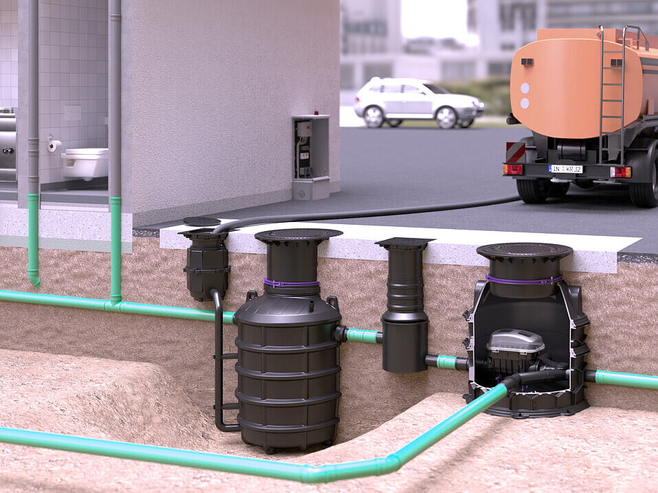 Schemă de montaj separatorul de grăsime EasyClean ground Direct cu Pumpfix F  într-un cămin tehnic de vizitare îngropat