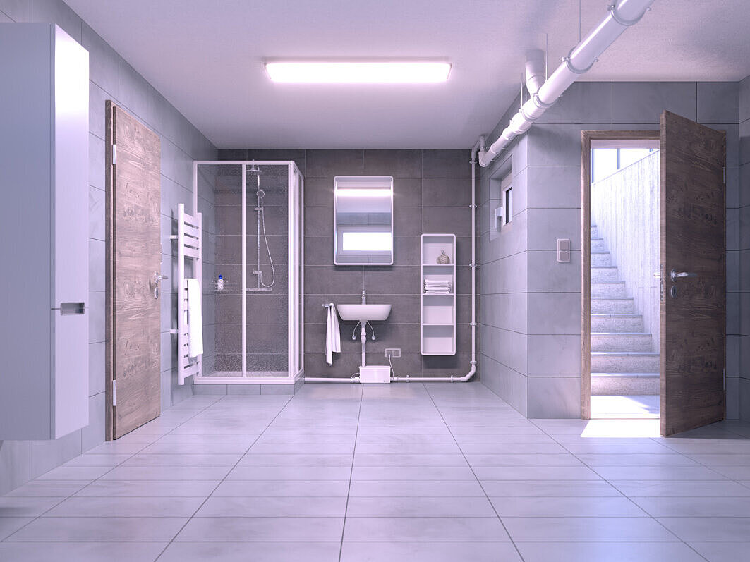 Instalația de mici dimensiuni Minilift S montată ulterior într-o baie situată la subsol.