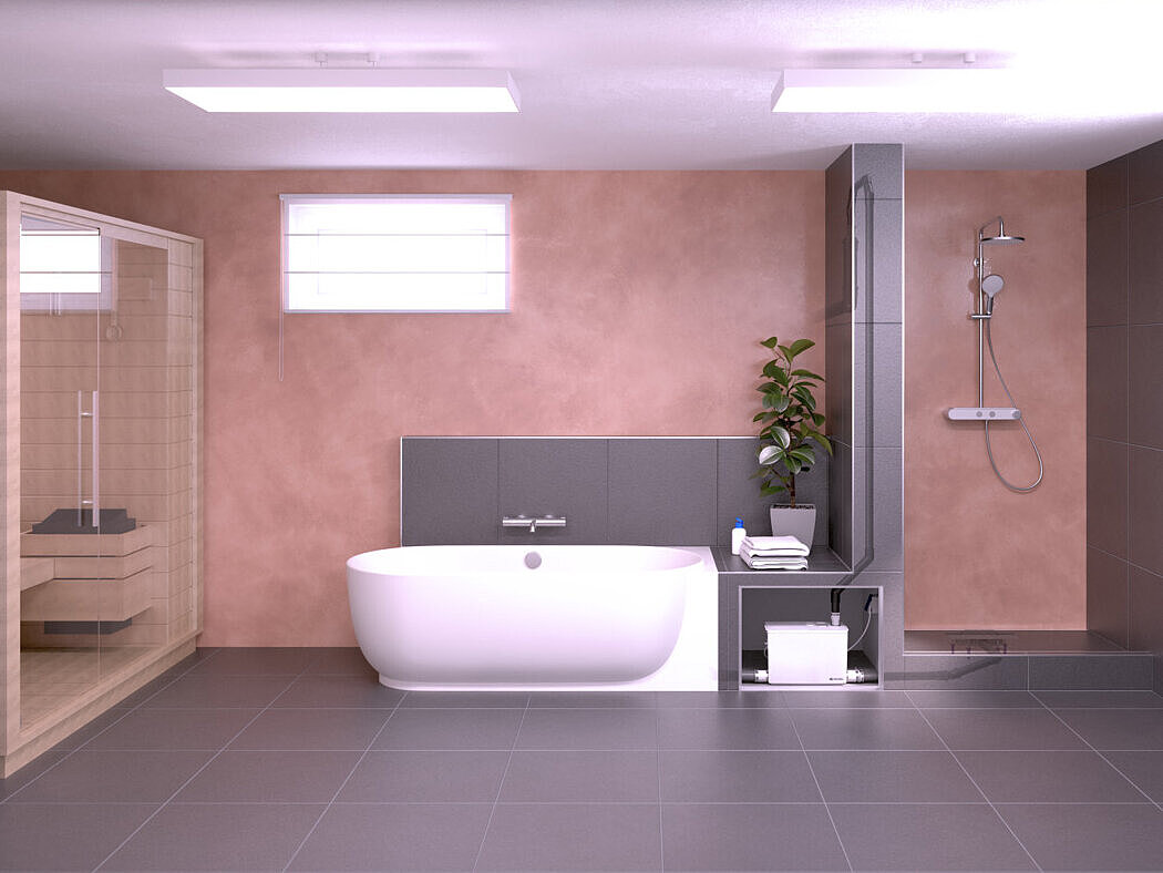Reprezentare a instalării sistemului de ridicare de mici dimensiuni Minilift M Pivniță cu saună, cadă și duș. Instalațiile sanitare sunt racordate la o mică stație de pompare.