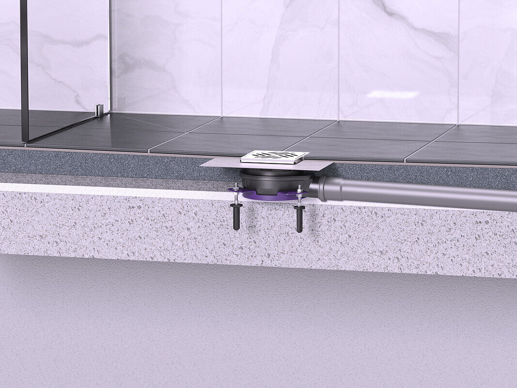 Schemă de montaj sifon de baie varianta ultraplată cu grătar cu fante fără sistem de blocare Lock & Lift