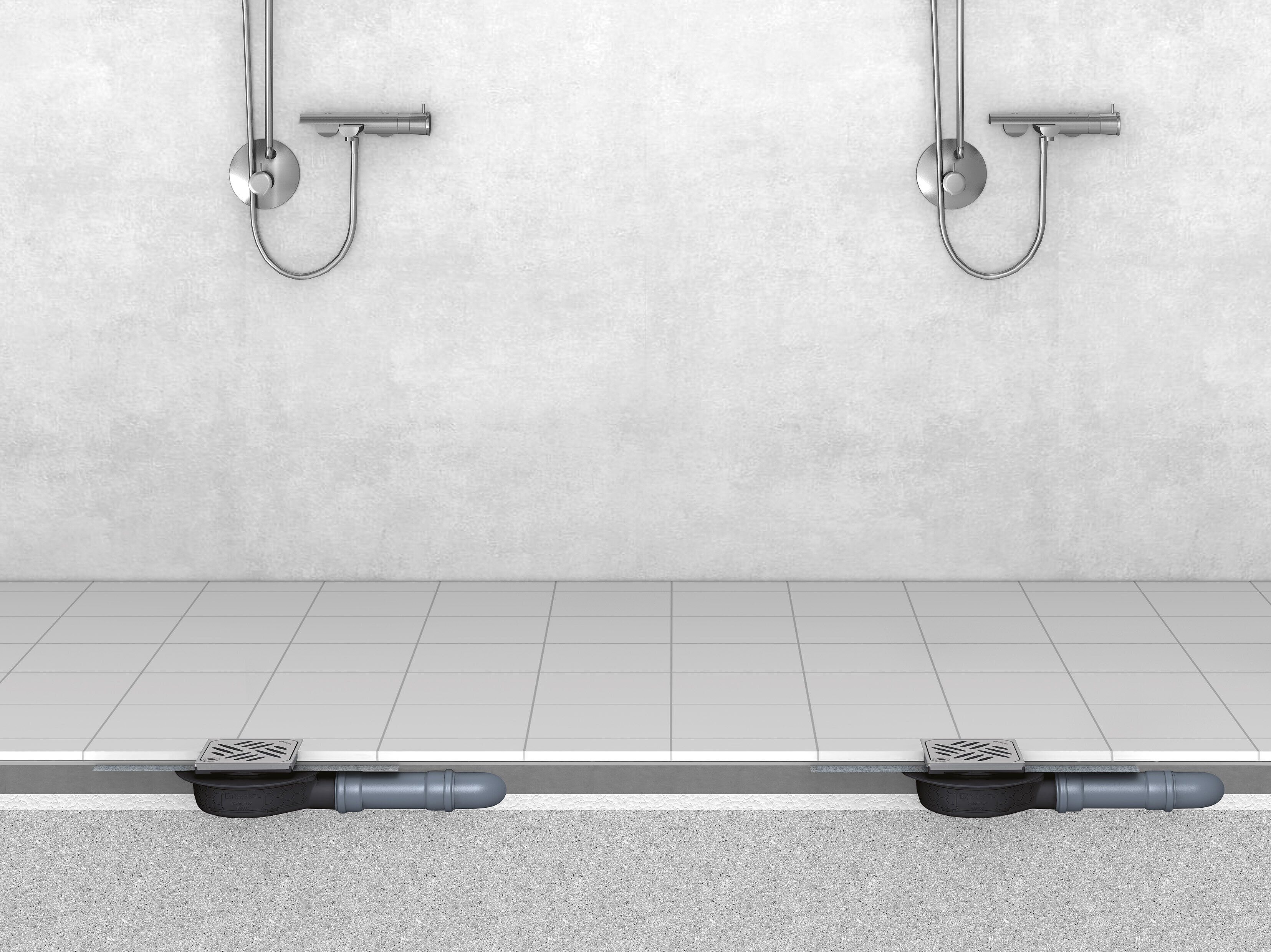 Schemă de montaj sifon de baie varianta ultraplată cu grătar design Kessel și sistem de blocare Lock & Lift