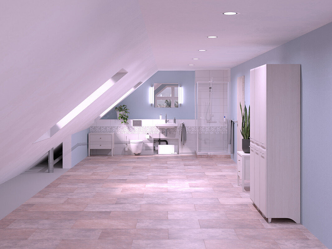 Reprezentare a montării toaletei Minilift L Reprezentare a instalării unui sistem de ridicare compact Minilift L WC într-o baie cu tavan înclinat, dotată cu duș, chiuvetă și toaletă. Sistemul de ridicare compact Minilift L WC este montat într-un dulap.