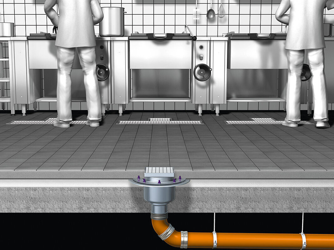 Schemă de montaj sifon de pardoseală Ferrofix cu evacuare verticală cu flanșă de etanșare presată și grătar într-o bucătărie industrială