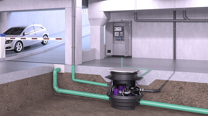 Einbaudarstellung Technikmodul Ecolift XL in einer Tiefgarage Einbaudarstellung Technikmodul Ecolift XL in einer Tiefgarage