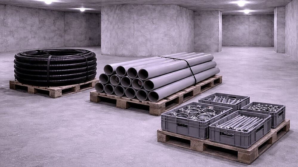 Reprezentare schematică a unei pivnițe cu diverse materiale de montare.