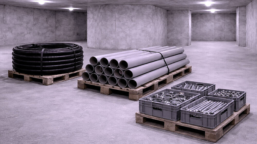 Reprezentare schematică a unei pivnițe cu diverse materiale de montare.