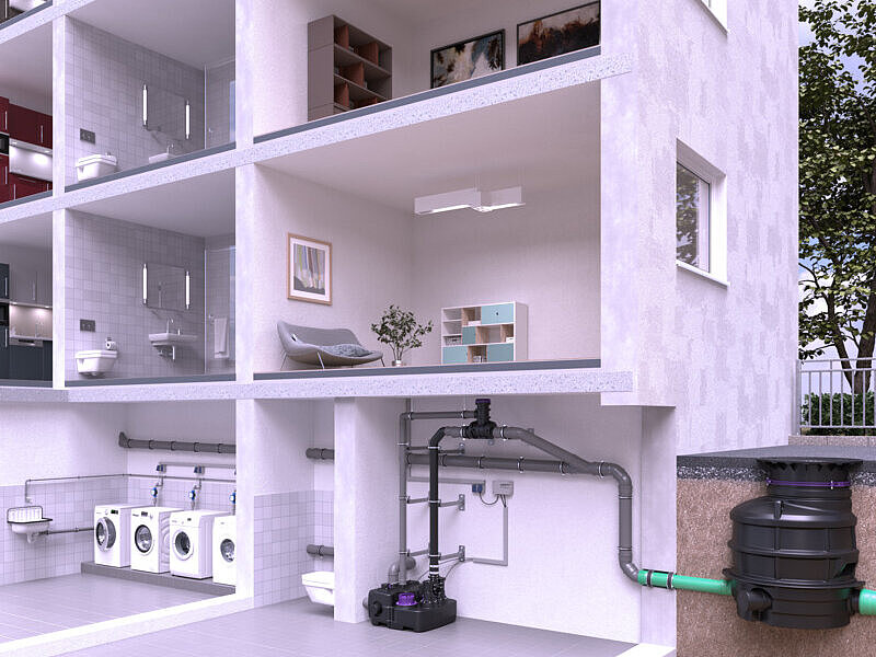 Schema de montare CleverVent Schema de instalare a unui sistem de ridicare într-un bloc de locuințe, în care conducta de ventilație se conectează la distribuitorul de ventilație CleverVent, montat sub tavanul subsolului!